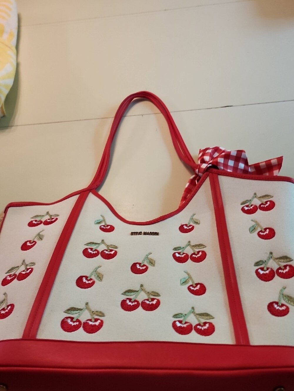 Steve Madden Red & Cream Cherry Canvas Tote with Gingham Bow - Picture 7 of 7